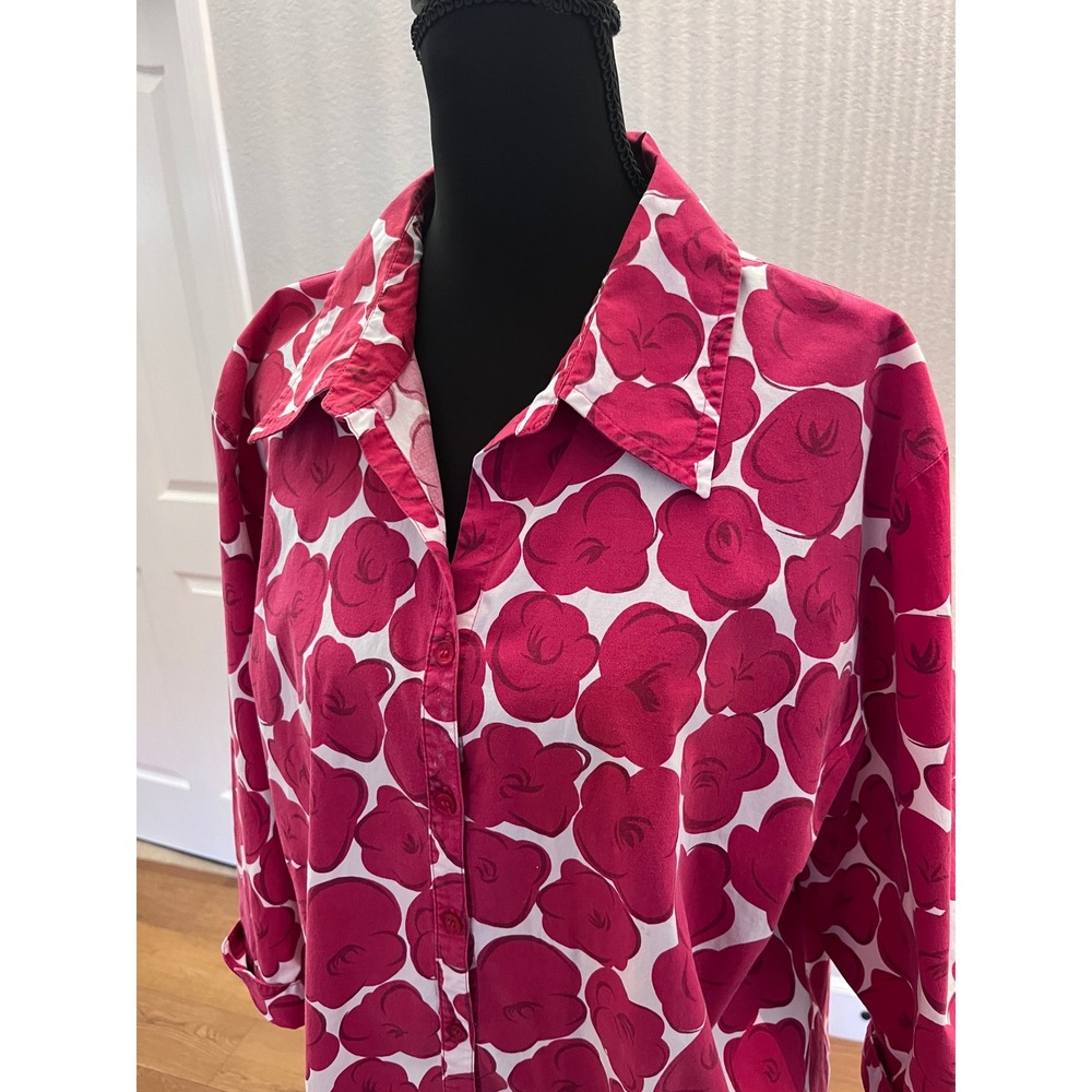 Hillard Hanson Button Up Shirt Womens 2X Magenta Pink Floral Stretch Cotton Top